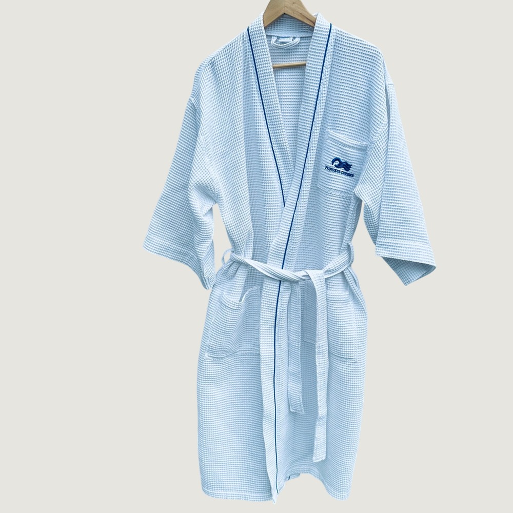Princess Cruises Robe Unisex One Size White Waffle Weave Cotton Blend Spa Kimono